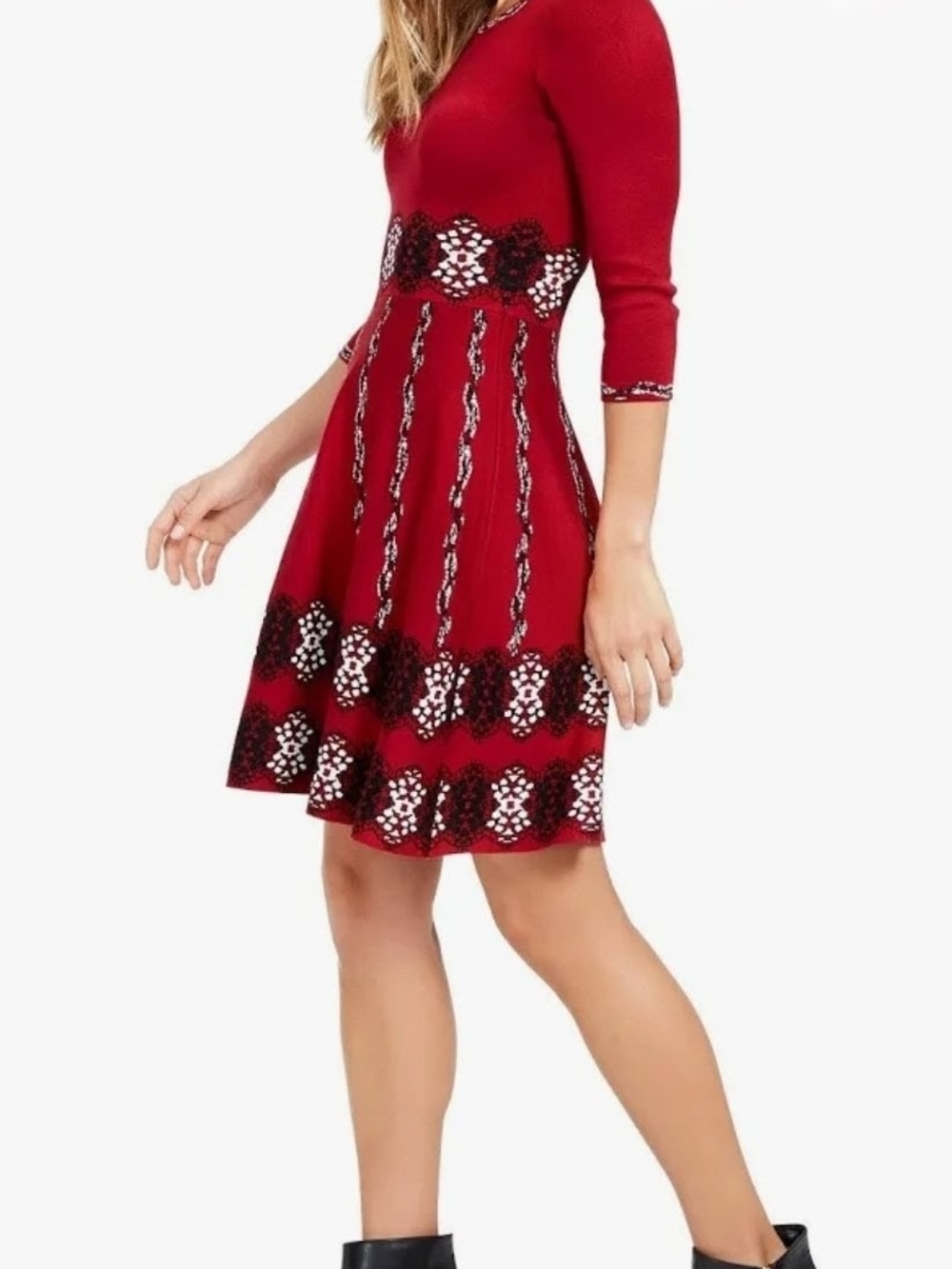 Taylor Cherry Red Knit Dress with Black And White Design 3/4 Sleeve Womens L